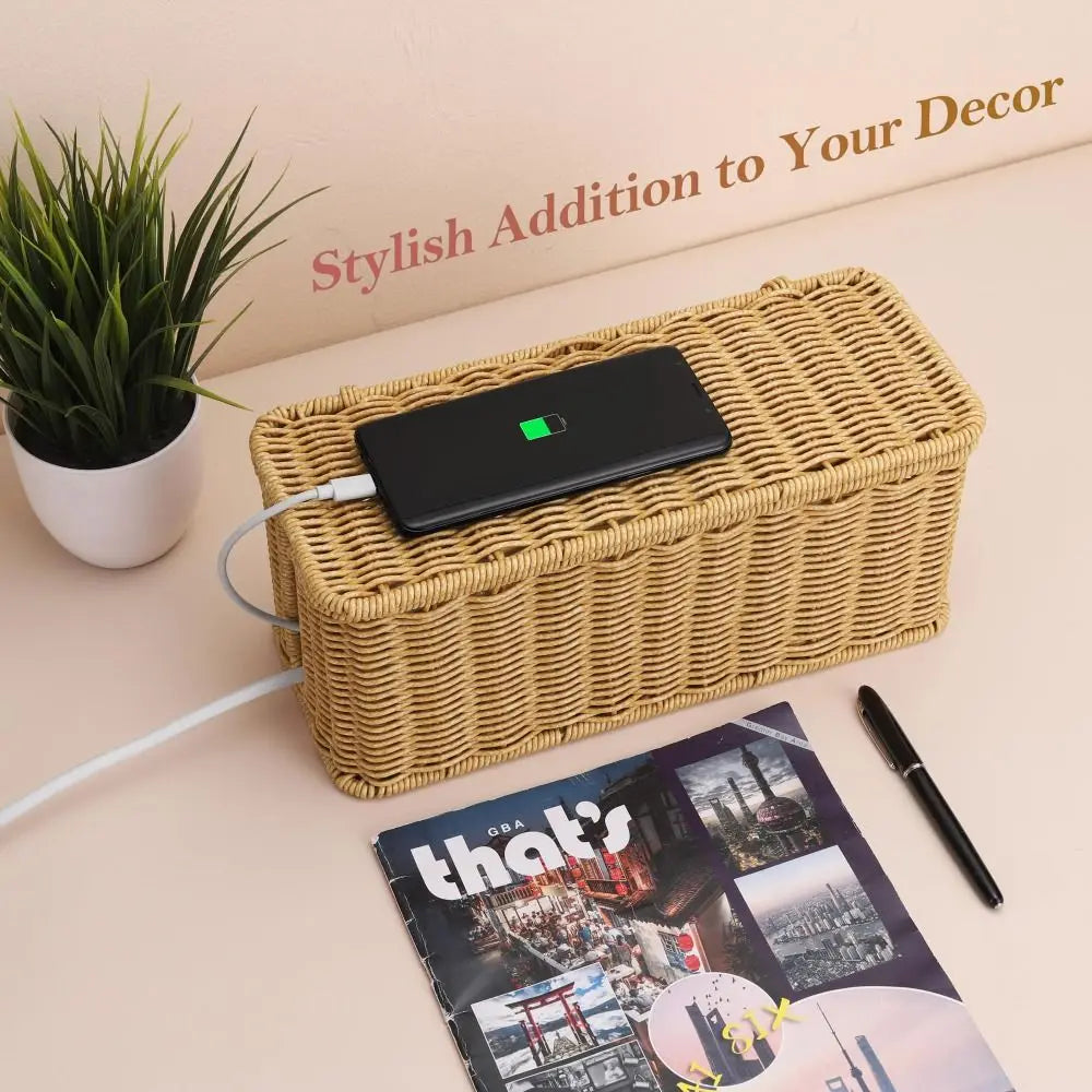 Handwoven Cable Management Box with Lid Hide Power Strip and Router Imitation Rattan Box 2 Open Slots Cord Organizer Hider Box