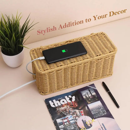 Handwoven Cable Management Box with Lid Hide Power Strip and Router Imitation Rattan Box 2 Open Slots Cord Organizer Hider Box