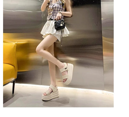 2025 Summer Women Chunky Sandals Leather High Platform Trainers Breathable Casual Slippers Shoes Woman 8.5CM Heels Wedge Sneaker