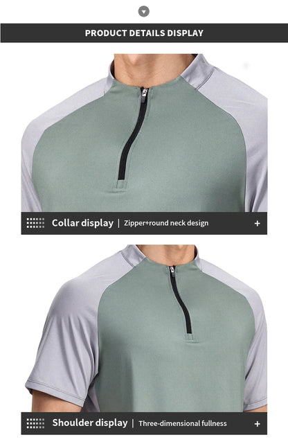 Sports T-shirt, men's half-zipper stand-up collar short-sleeved running top, summer sports training tennis clothes
