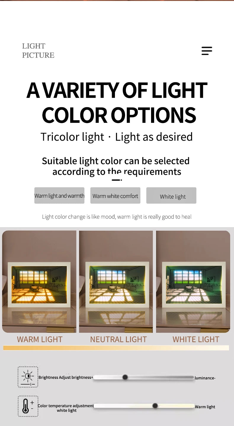 Beautiful LED Light Painting Indoor Sunlight Window Wooden Photo Light Dimming Wall Artwork Table Lamp Home Decor Night Lamp