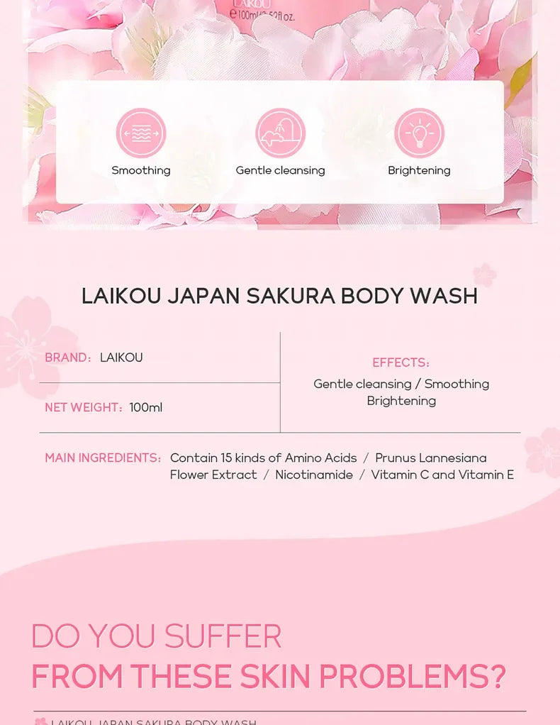 LAIKOU Sakura Shower Gel Long Moisturizing Smooth Long Lasting Fragrance Gentle Foam Body Cleansing Bath Product 100ml