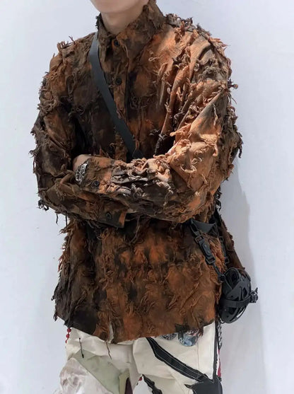 PFHQ Tie Dye Patchwork Shirts Men's Turn-down Collar Long Sleeve Tops Personalized Single Breasted Tassel Male Clothing 21Z9142