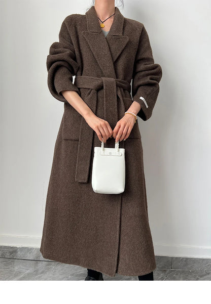 Office Lady Woolen Jackets 2024 Autumn And Winter Bathrobe Style Pocket Double-Sided Loose Lace -Up Tie Women's Long Wool Coats