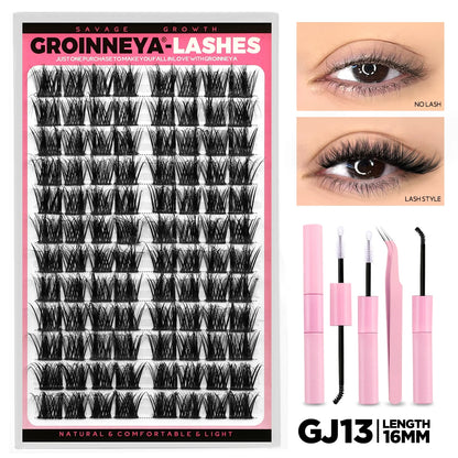 GROINNEYA Lash Clusters Kit DIY Lash Extension Volume Waterproof Individual Lashes Clusters Kit Lash Bond & Seal & Lash Tweezers