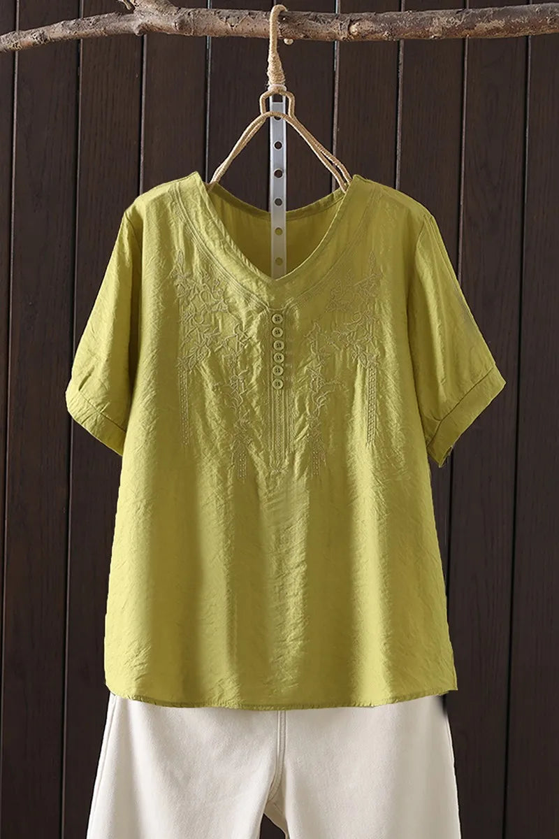 Women Clothing Streetwear Casual Fashion Elegant Cotton Linen Embroidery Vintage Clothes Tops Shirts for Women Tees