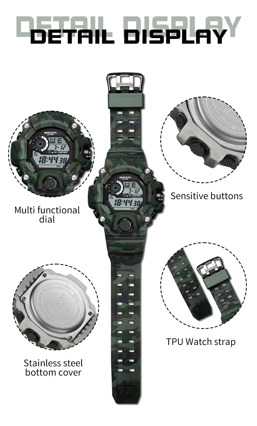 SANDA 2183 Fashion Military Student Electronic Watch Multi functional Timer Waterproof LED Student Electronic Digital Watch