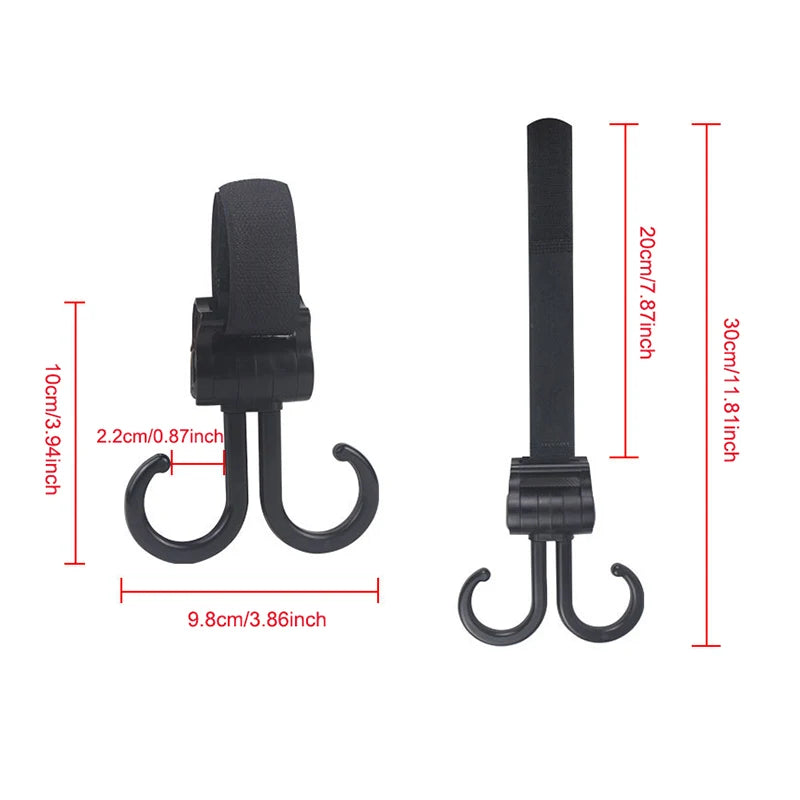 Double Hook Baby Stroller Hanger 360-degree Rotation Adjustment Cart Hook and Loop Fastener Stroller Accessories