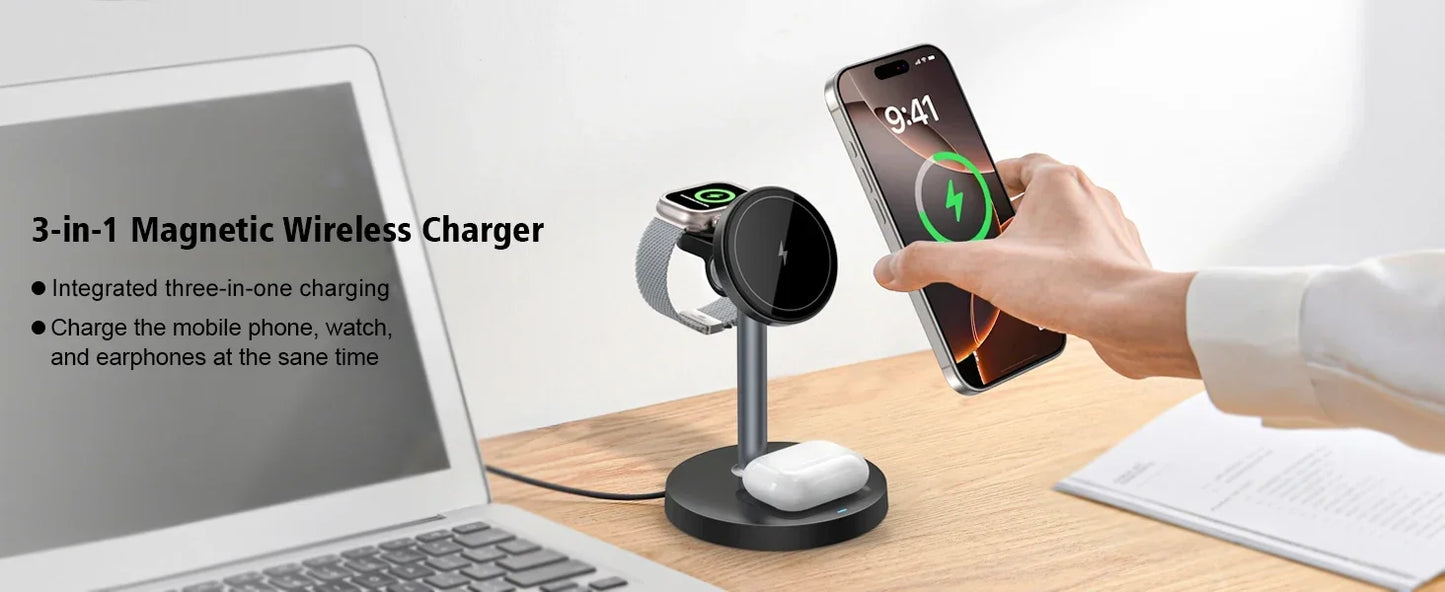 15W 3-in-1 Magnetic Wireless Charging Station For Magsafe iPhone 16 15 14 13 12 iWatch 10-2 SE AirPods Pro 4 Travel Fast Charger