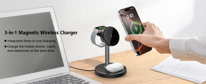 15W 3-in-1 Magnetic Wireless Charging Station For Magsafe iPhone 16 15 14 13 12 iWatch 10-2 SE AirPods Pro 4 Travel Fast Charger