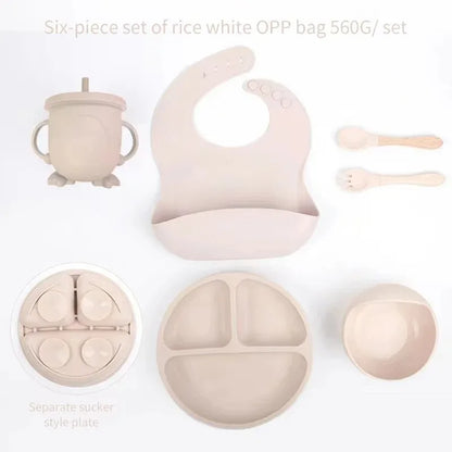 6Pcs Baby Silicone Feeding Set Self Feeding Bowl＆Divided Plate＆Adjustable Bib＆Soft Spoon&Fork, for Babies and Toddlers