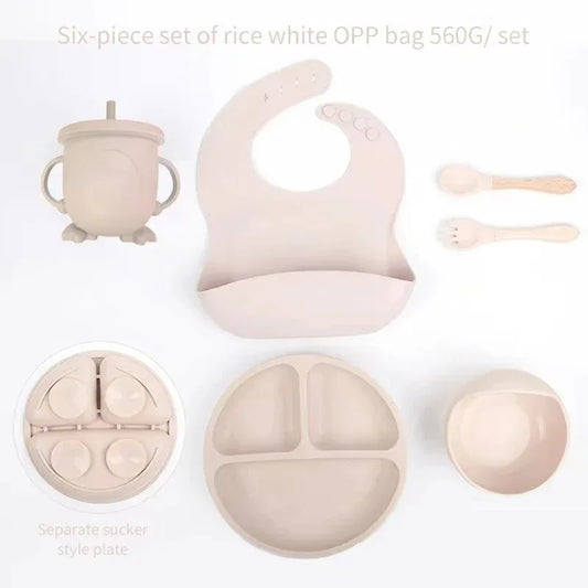 6Pcs Baby Silicone Feeding Set Self Feeding Bowl＆Divided Plate＆Adjustable Bib＆Soft Spoon&Fork, for Babies and Toddlers