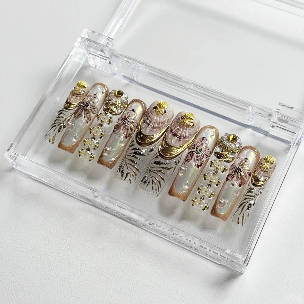 10PCS Handmade Manicure Press-On Nails French Style Medium Almond Shape with Blue Bow Design Includes Adhesive And Nail File Set