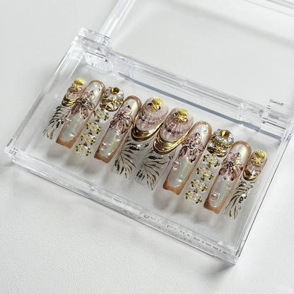 10PCS Handmade Manicure Press-On Nails French Style Medium Almond Shape with Blue Bow Design Includes Adhesive And Nail File Set