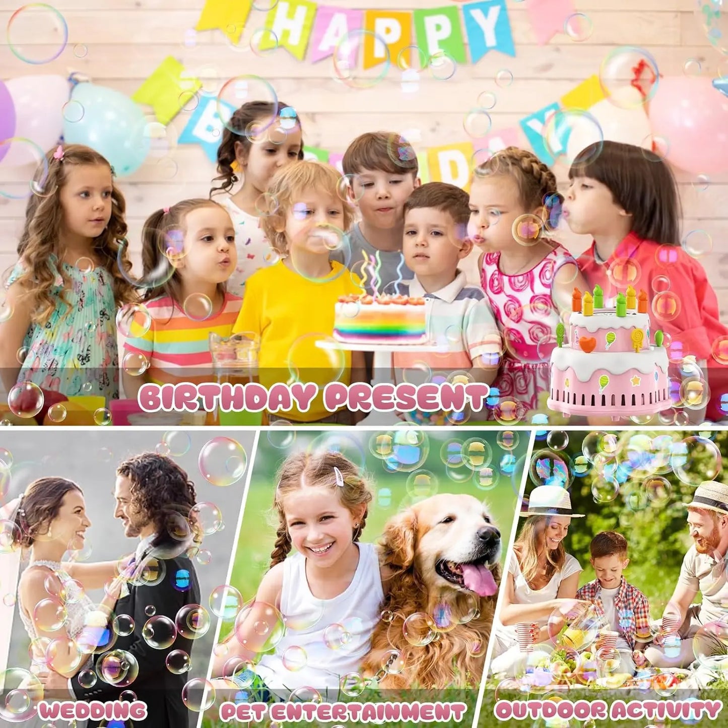 Birthday Cake Bubble Machine for Kids Automatic Bubble Blower 10000+ Bubbles Per Minute/Lights/Music Summer Bubble Maker Toys