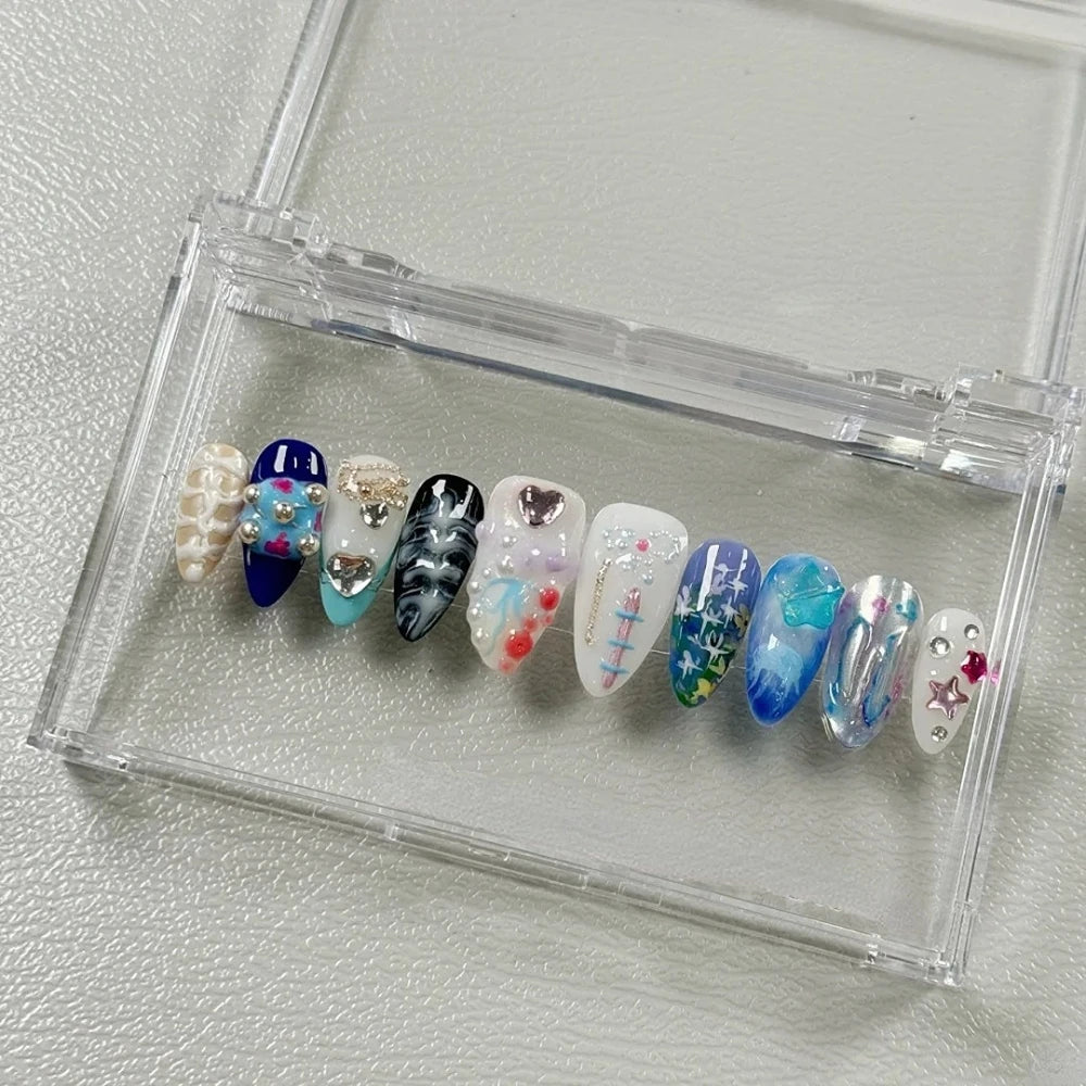 10PCS Handmade Manicure Press-On Nails French Style Medium Almond Shape with Blue Bow Design Includes Adhesive And Nail File Set