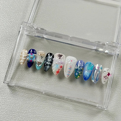 10PCS Handmade Manicure Press-On Nails French Style Medium Almond Shape with Blue Bow Design Includes Adhesive And Nail File Set