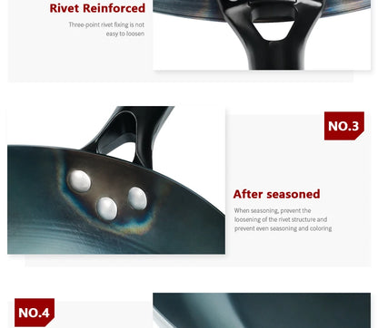 Flat Bottom Wok Pan 13.5" Woks And Stir Fry Pans Blue Iron Cookware Traditional Chinese Cookware For Electric Induction Cooktops