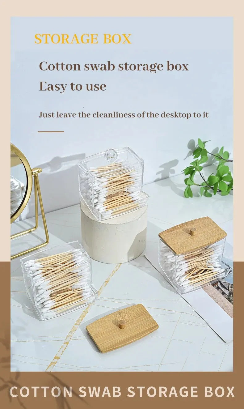 1set Transparent Acrylic Wood Cover Cotton Swab Box With 500 Cotton Swabs Cosmetic Cotton Storage Box