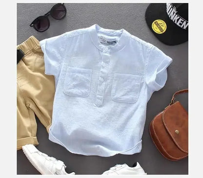 Kids Boys Blouses Shirt 2024 New Arrival Summer Baby Boys Casual Tops White Pink Blue Linen Blouses Kids Summer Clothing
