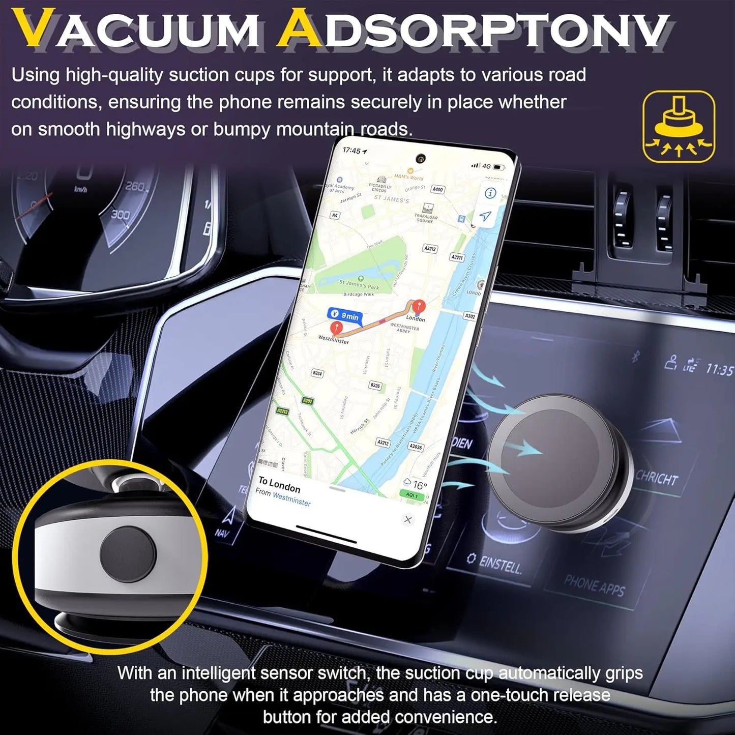 Magnetic Car Phone Holder Mount 360°Rotation N52 Strong Magnetic for iPhone 12-16 Android Smartphone Vacuum Adsorption Bracket