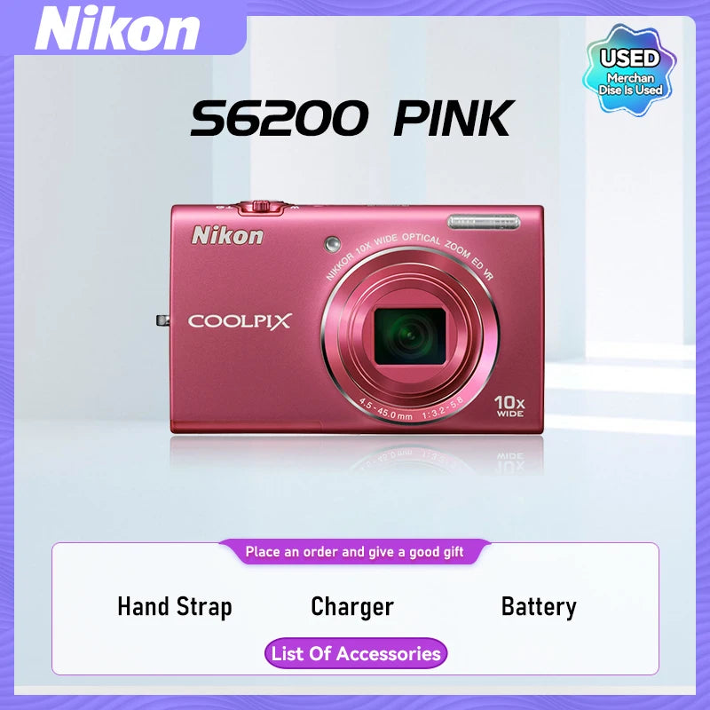 Nikon COOLPIX S6000 S6100 S6200 Portable Small Card Digital Camera 10X Optical Zoom Lens 16.00MP 720P HD Video Cameras（Used）