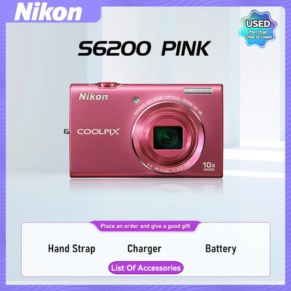 Nikon COOLPIX S6000 S6100 S6200 Portable Small Card Digital Camera 10X Optical Zoom Lens 16.00MP 720P HD Video Cameras（Used）