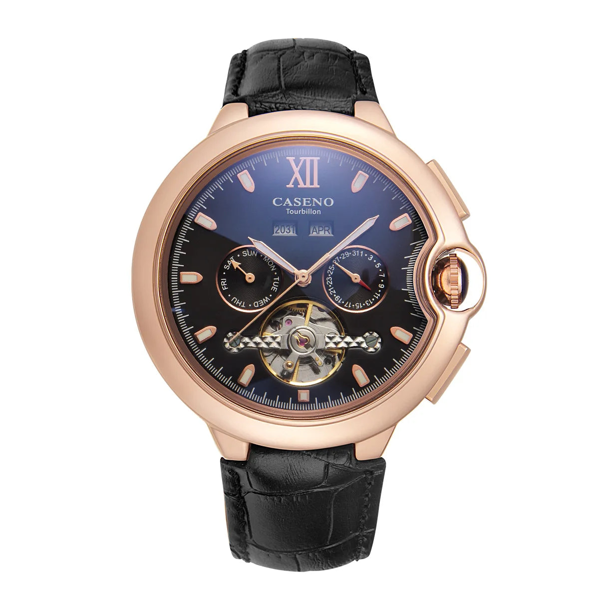 CASENO Fashion Trend Men's Blue Light Glass Night Light Scale Multi functional Fully Automatic Tourbillon Mechanical Watch 831BG