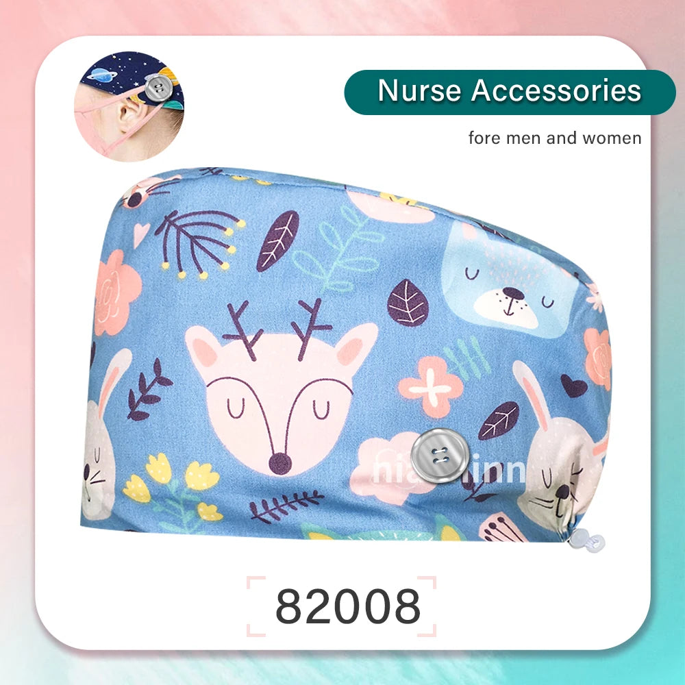 Cartoon Printed Operating Room Doctor Work Scrub Hat Pharmacy Dentistry Clinic Surgical Cap Adjustable Medical Nurse Accessories