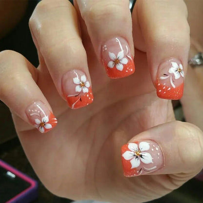 Pink French Style False Nails White Flower Printed Short Square Head Press on Nails Simple Wearable Artificial Nails Art 24Pcs
