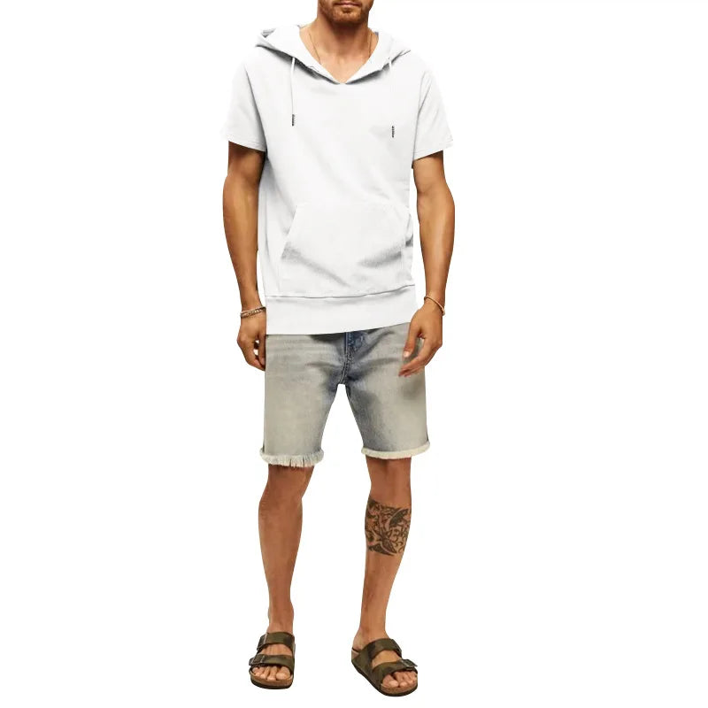 2024 Amazon New Men's Athleisure European and American Hooded Loose Short Sleeves