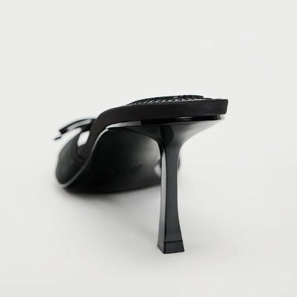 Women Heels Sandals Fashion Heel Slippers Lace Mesh Bow Luxury Sandals Zapatos De Mujer