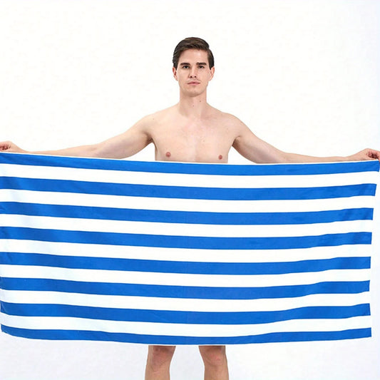 Blue White Striped Beach Towel - Quick-Dry Absorbent Polyester for Beach & Pool, Soft & Lightweight