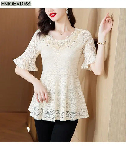 Office Shirts Basic Wear New Design 2025 Women Elegant Fashion Work Lady Bling Beaded Flare Sleeve Lace Tops Blouses