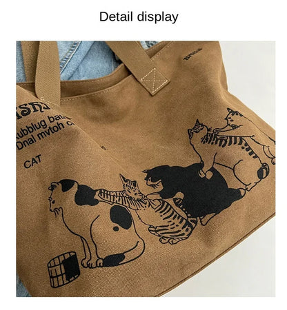 Canvas Totes Large Capacity Storage Handbag Women Tote Anime Cat Letters Shoulder Bags Girls Casual Commute Bag Portable Big Bag