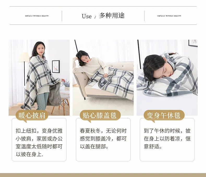 Wearable Plaid Blanket Fleece Doublelayer Blankets With Button Thicken Multifunction Winter Warm Throw Blanket For Sofa Bed