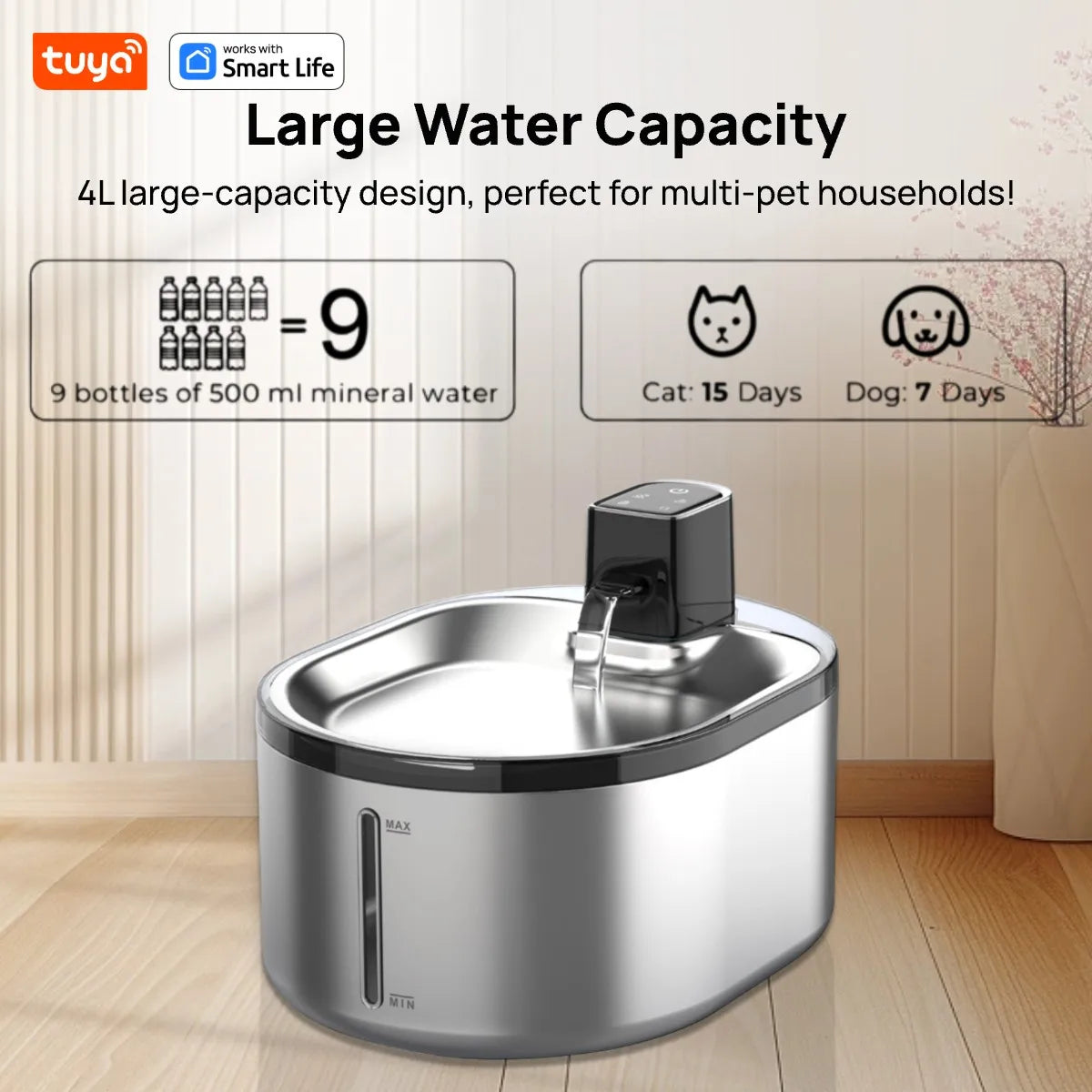 TuyaSmart Cat Fountain Battery Operated,Cat Water FountainSUS304Radar Sensing withMotion Sensor,Ultra Quiet PumpMulti-Filtration