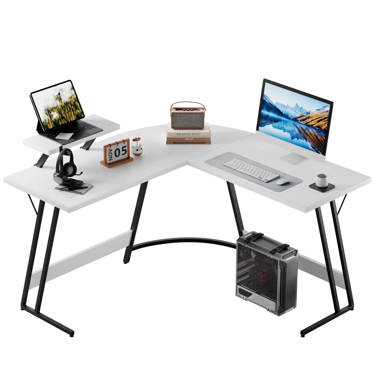 Computer Desk, L Shaped Gaming Computer Corner Desk PC Gaming Table with Large Monitor Riser Stand , Desk Computer