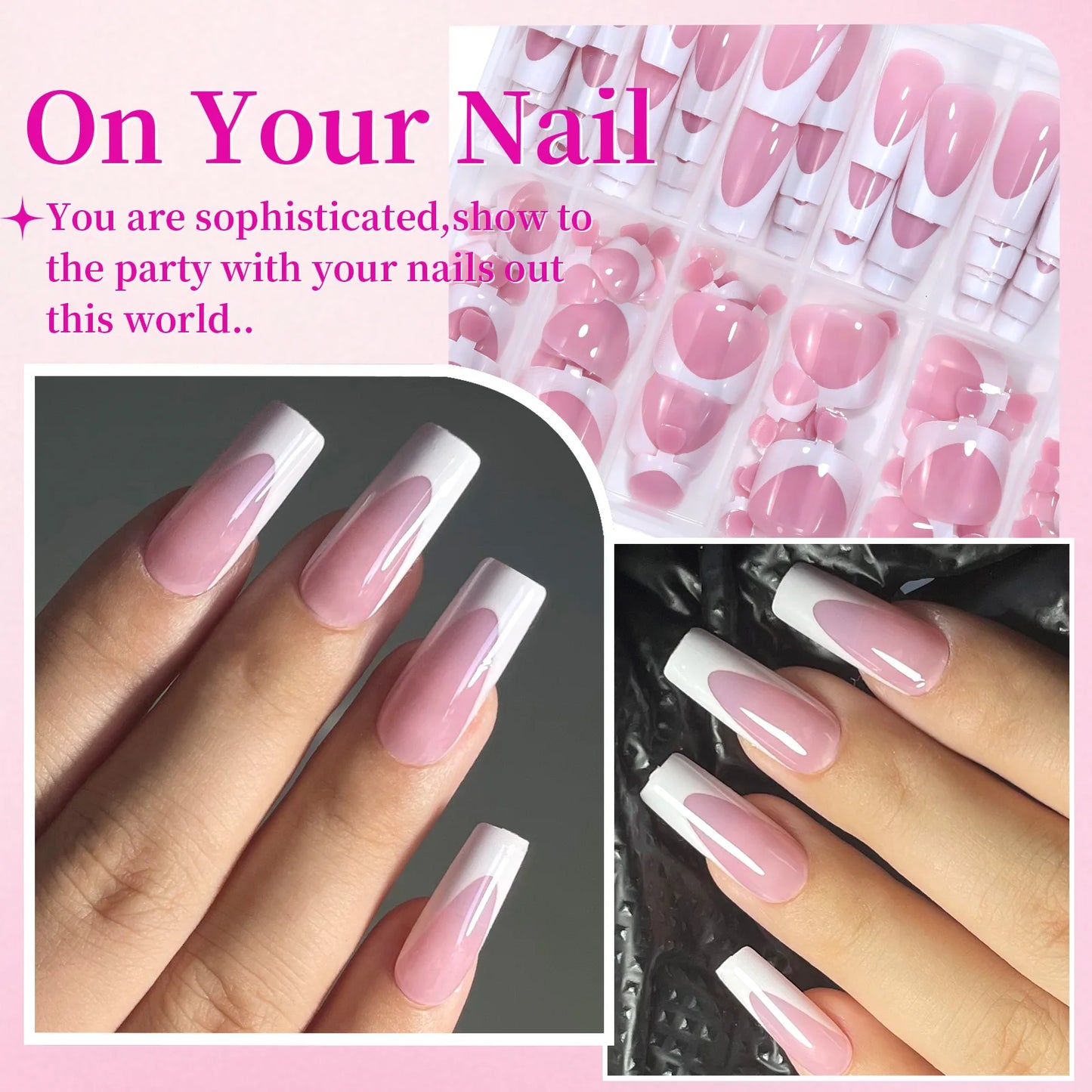144pcs French hand and foot wear nail set summer short square shiny false toenail acrylic full coverage suitable for nail salon