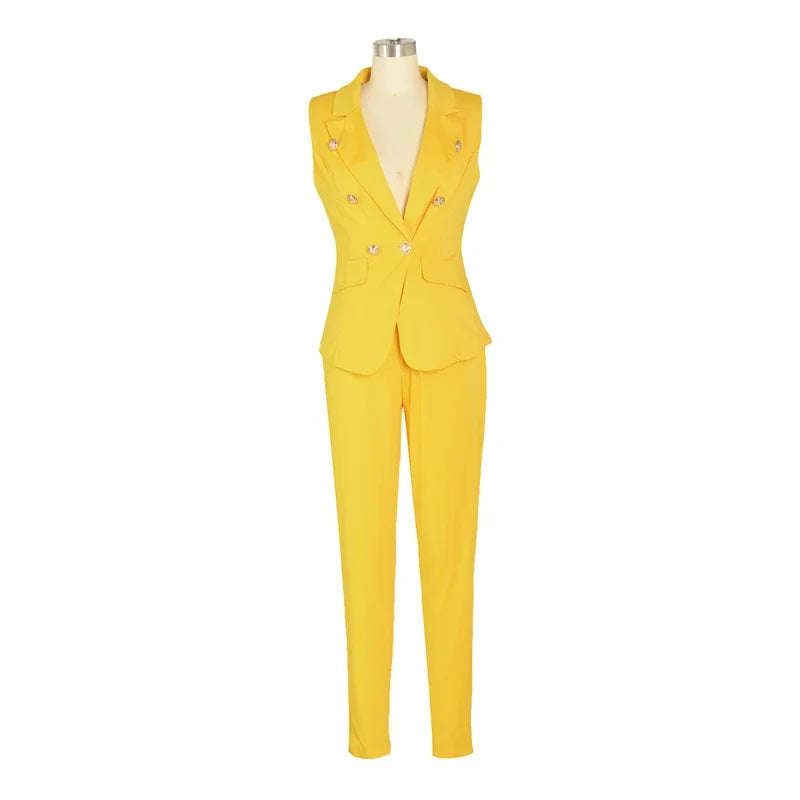 Business OL Work Wear Two Piece Pant Suits for Women Set Elegant Sleeveless Blazer Top + Pencil Pants Office Lady Matching Sets