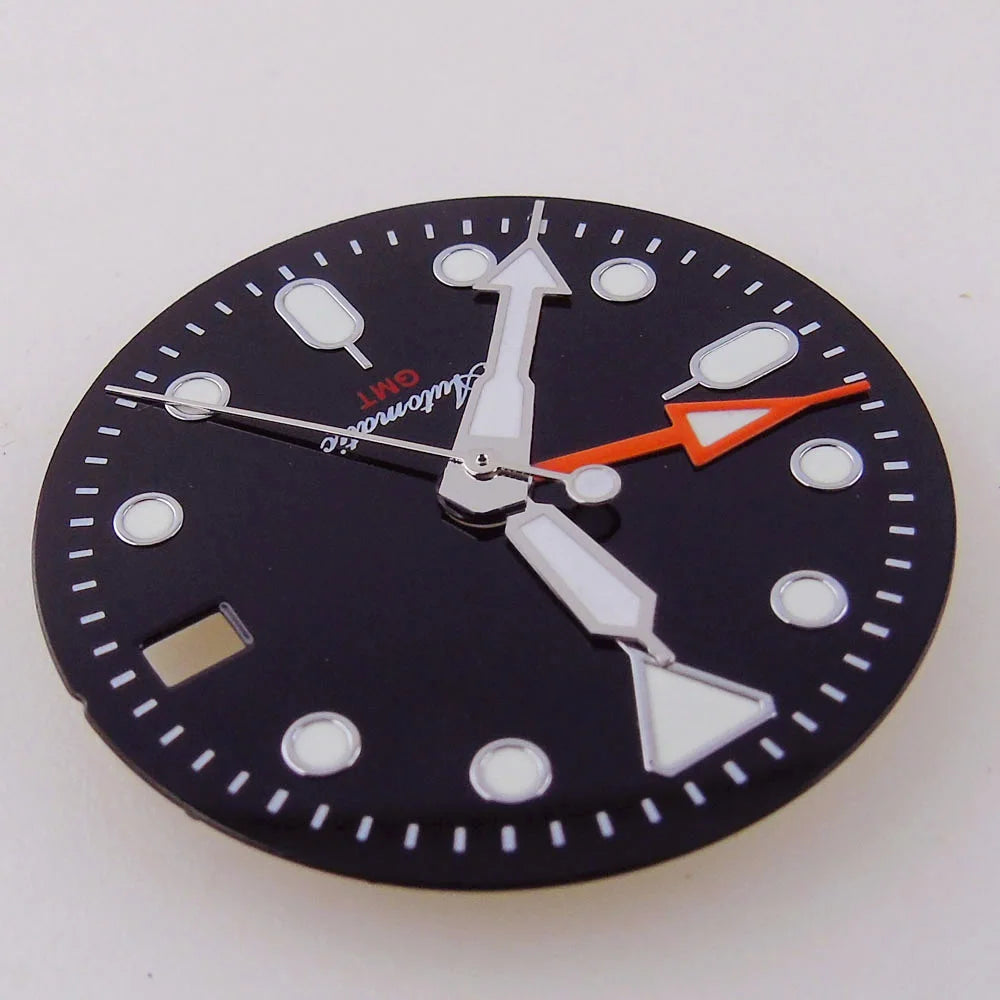 29mm NH34 Watch Dial Face Hand Set for S NH34 GMT Movement Orange Black Dial Plate Green Luminous SKX Mod Parts