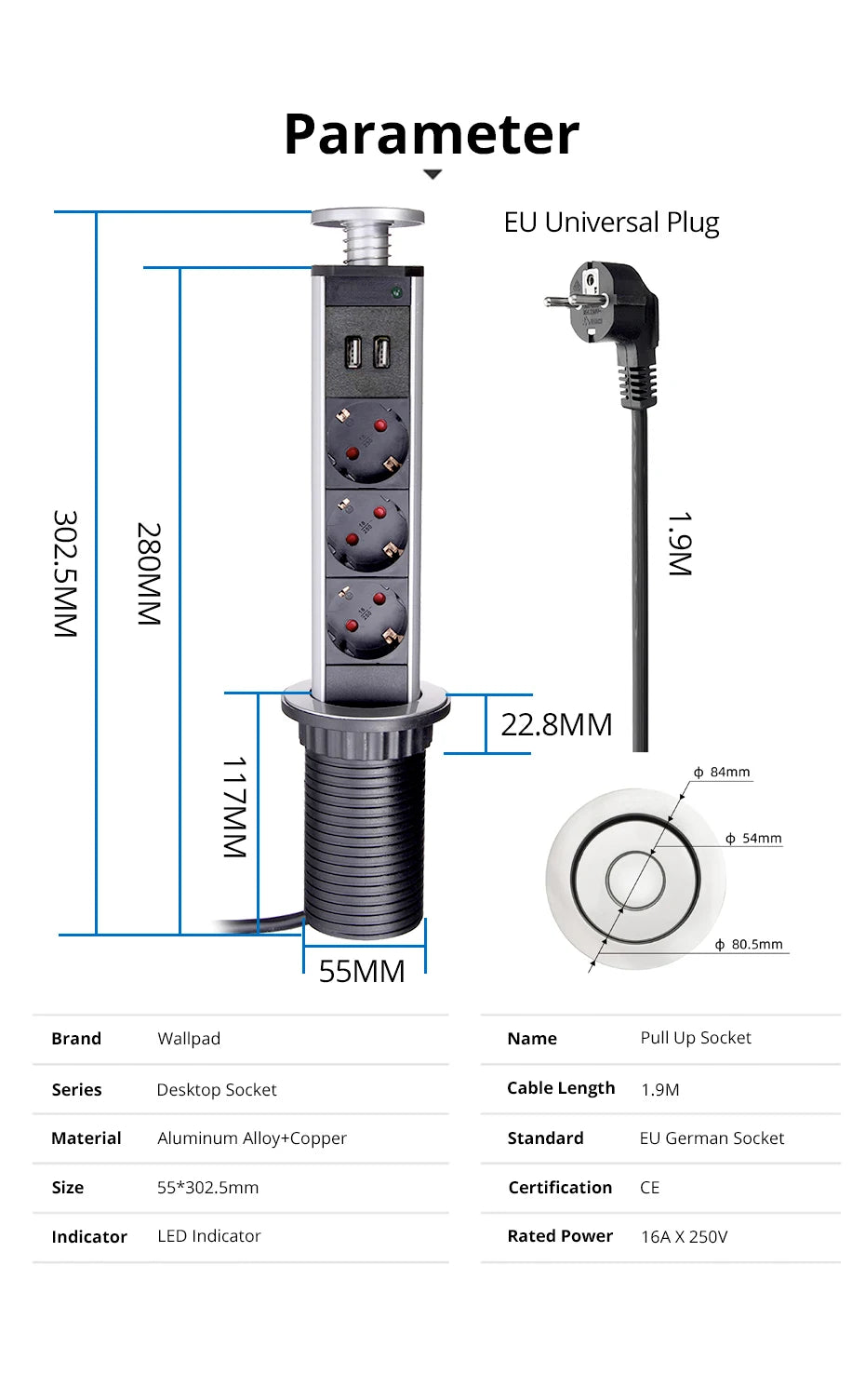 Wallpad Pull Pop Up Desktop Socket 3 Outlets 2.4A USB Ports or No 2M Extension Plug Retractable Aluminum Body For Kitchen Tabel
