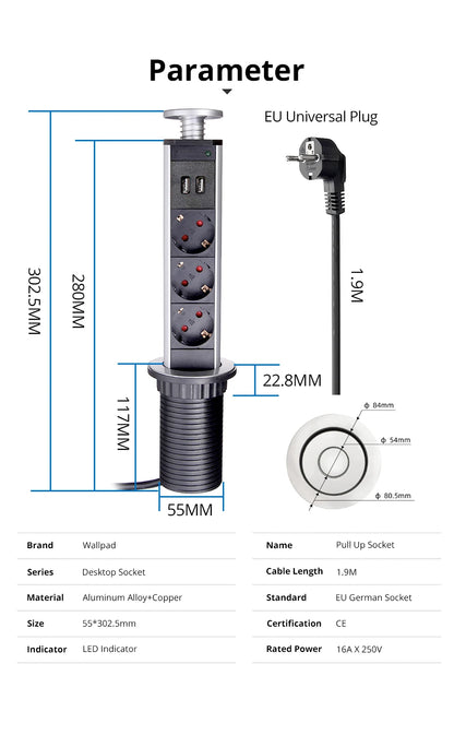 Wallpad Pull Pop Up Desktop Socket 3 Outlets 2.4A USB Ports or No 2M Extension Plug Retractable Aluminum Body For Kitchen Tabel