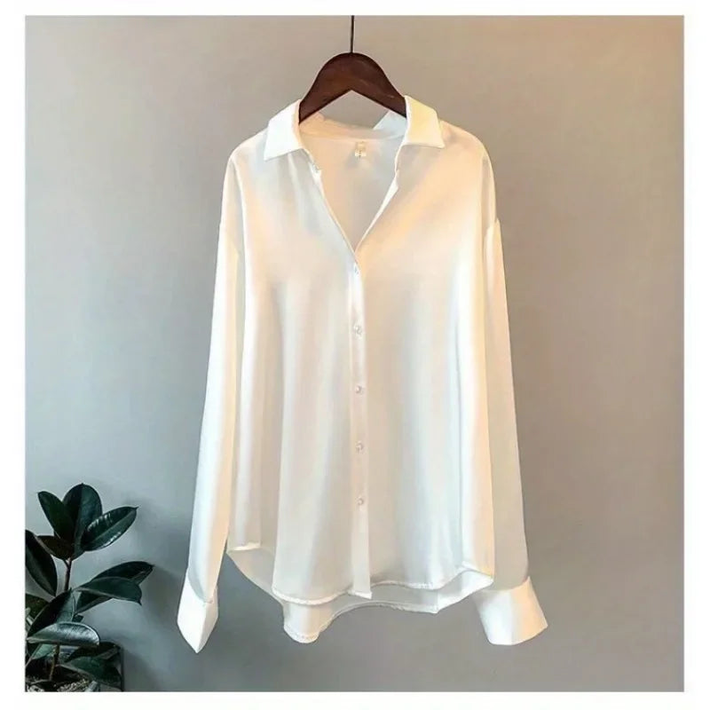 Fashion Casual Office Lady Silk Blouses Autumn Long Sleeve Button Up Shirt Women Elegant Winter Tops  Office Lady Acetate Blouse
