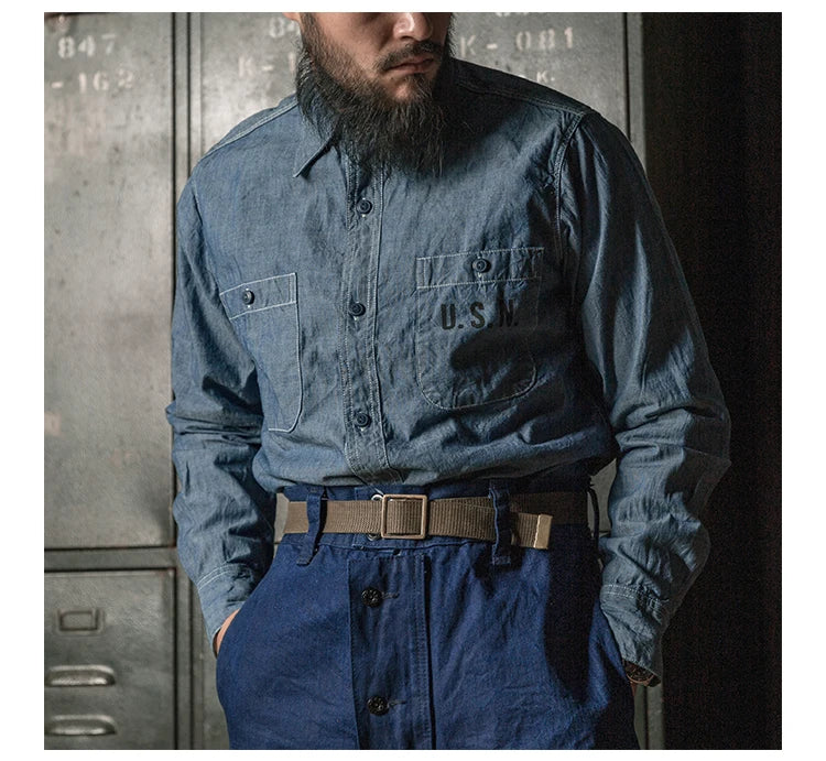 Bronson Repro USN Chambray Work Shirt Rugged Men's Selvedge Workwear Light Blue