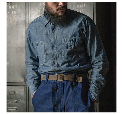 Bronson Repro USN Chambray Work Shirt Rugged Men's Selvedge Workwear Light Blue