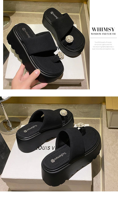 7cm Shiny Rhinestone High Platform Slippers Women Butterfiy-Knot Heels Chunky Sandals Woman Summer Thick Bottom Wedges Slides
