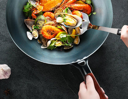 Flat Bottom Wok Pan 13.5" Woks And Stir Fry Pans Blue Iron Cookware Traditional Chinese Cookware For Electric Induction Cooktops