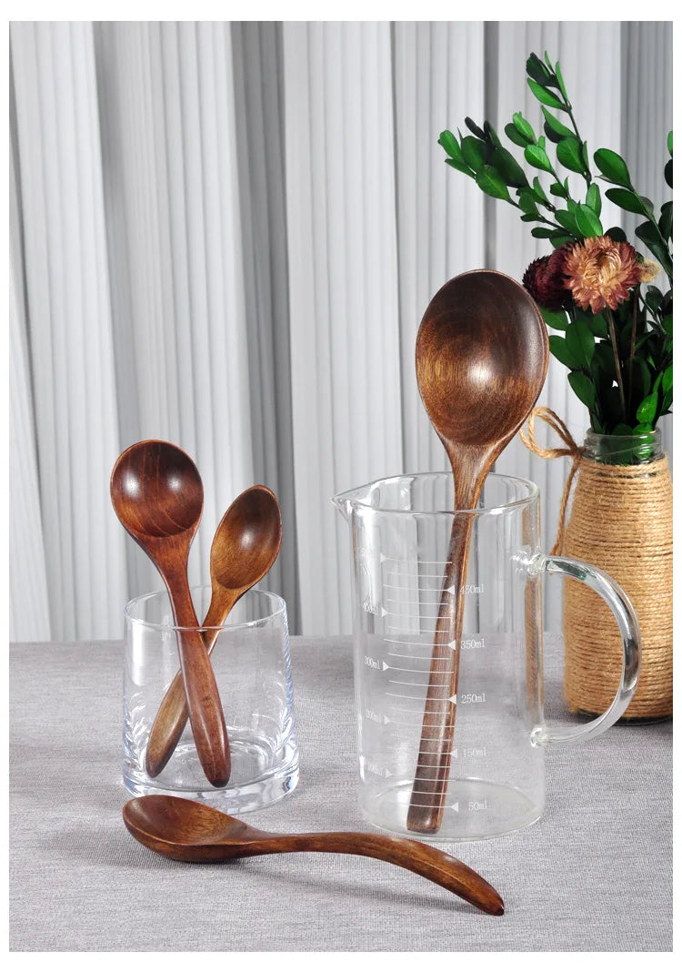 Japanese Wooden Spoon Long Handle Ramen Spoon Baby Eating Spoon Drinking Porridge Spoon Household Wood Tableware Round Spoon