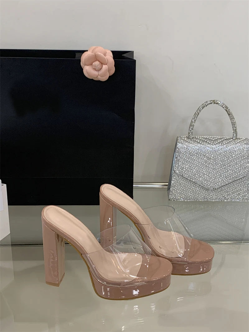 Liyke Summer Square Toe 12CM Thick High Heels Platform Slippers Ladies Chunky Sandals PVC Transparent Shoes Women Zapatos Mujer